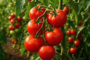 Vibrant ripe tomatoes hanging from plant branches in a vegetable garden setting