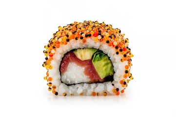 Spicy Tobiko Sushi Roll - Fiery Roll topped with assorted flying fish roe, filled with tuna, avocado, and fresh green lettuce