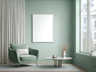 Serene Room Interior: An inviting and contemporary living space, bathed in natural light, showcasing an armchair, coffee table, and window, the focal point being the blank framed art