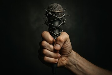 Censored Voice: A clenched fist clutches a microphone bound in barbed wire, symbolizing suppressed speech and the struggles for freedom of expression. A raw and powerful image