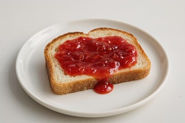 Sliced bread topped with strawberry spread on a dish