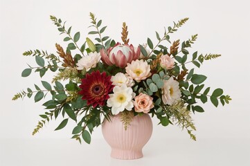 Obraz premium Elegant bouquet featuring native blossoms like protea, banksia, eucalyptus, and wax flowers in a pink container on a white surface with a plain white backdrop