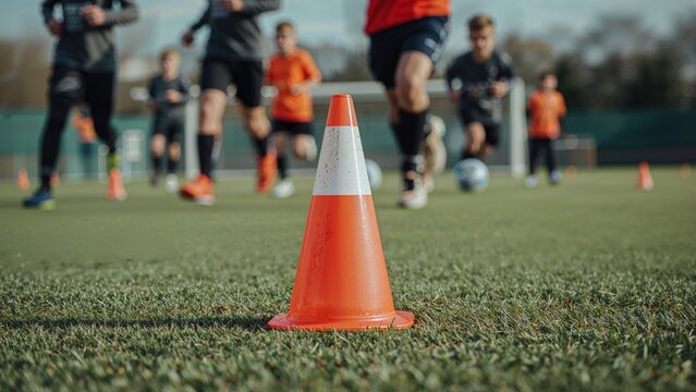 Coach leading cone-based drills with a soft-focus backdrop of youth soccer players. - Powered by Adobe