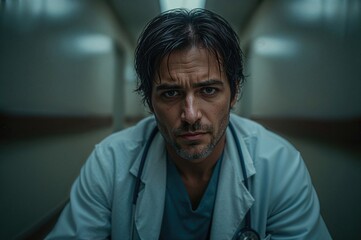 Exhausted physician resting in a medical facility hallway up close.