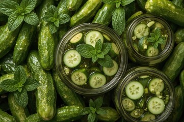 Obraz premium Winter vegetable preservation with pickled cucumbers in jars. Eco-friendly and tasty green cucumbers. Food preparation and lifestyle.