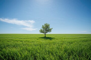 Small tree standing alone in vast grassy field