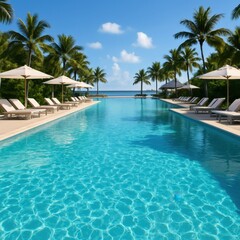 Pristine swimming pool water with sparkling surface ripples and underwater light reflections