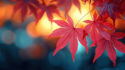 Close-up of Autumn Red Maple Leaves with Blurred Background, Vintage Tone, Film Grain, Soft Focus
