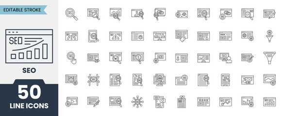 SEO line icon set. Containing digital marketing, business traffic growth, web analysis, and targeted advertising strategy and more. Editable stroke. Vector illustration