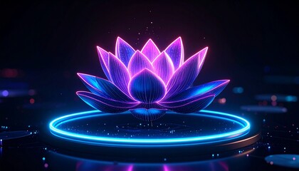 A futuristic neon lotus flower emitting a dazzling purple and blue glow, surrounded by a ring of digital circuitry on a dark platform. This modern design is perfect for a tech theme.