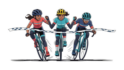 Triumphant Cyclists Crossing Finish Line: Captivating illustration showcases three determined cyclists racing towards the finish line. © azizunnahar