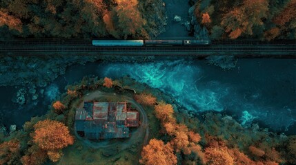 Autumn train bridge over teal river