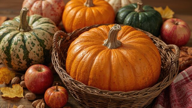 Detailed view of autumn harvest items including pumpkins in a basket, assorted squash, apples, and nuts displayed on a wooden table as seasonal decoration.