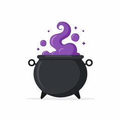Enchanting Black Cauldron Brewing a Vibrant Purple Elixir with Whimsical Bubbles and Shimmering Stars – A Magical Potion in a Flat Vector Art Style