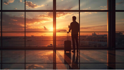 Digital painting of a traveler silhouette in an airport terminal with a suitcase, looking at an airplane in the sky