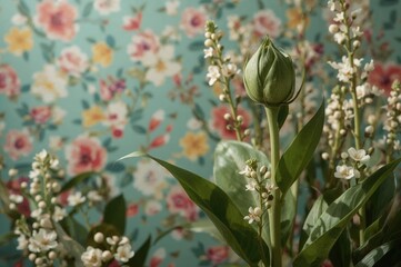Obraz premium Close-up of leaves tightly wrapped around a stem with softly blooming flowers in the backdrop