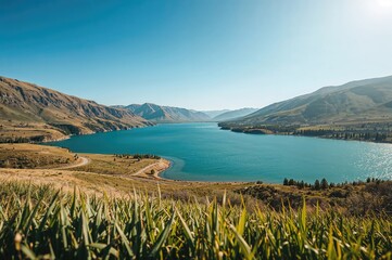 Close-up view of a serene lake with abstract reflections, water, sky, summer vibes, travel, natural scenery, grass, and picturesque landscape beauty