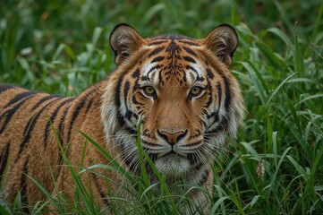 Obraz premium In a thick jungle, a majestic tiger with striking dark stripes blends into the vibrant greenery, its intense gaze partially concealed by the foliage.