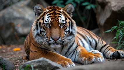 Obraz premium Wild striped predator with vibrant orange coat in a natural habitat