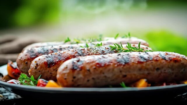 Grilled sausages on a platter with vegetables and herbs