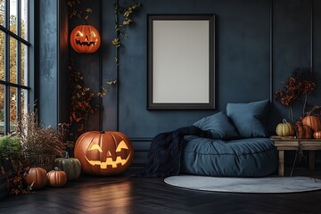 Obraz premium Spooky Halloween pumpkins glow brightly in a dimly lit, elegantly decorated room with cozy throws and autumn leaves