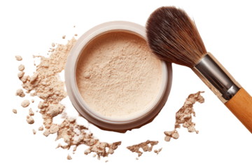 Light beige pressed powder in a round container, with a makeup brush.  Powder spills around the container