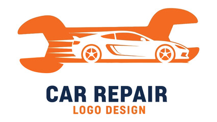 Fototapeta premium Car Repair Logo Design: A sleek, dynamic emblem features a car speeding across the face of a wrench, perfectly representing efficient and professional car repair services.