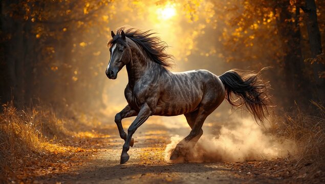 Majestic hybrid horse galloping through a golden forest path. Black horse strength, white horse grace, golden tiger-striped coat, flowing mane, piercing eyes, sunlight illuminating its majestic aura.