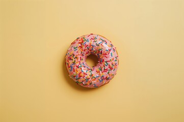 Vibrant doughnut coated in pink icing topped with colorful rainbow sprinkles on a sunny yellow backdrop. Treats and confections. Simple background with ample room for text. Blank area.