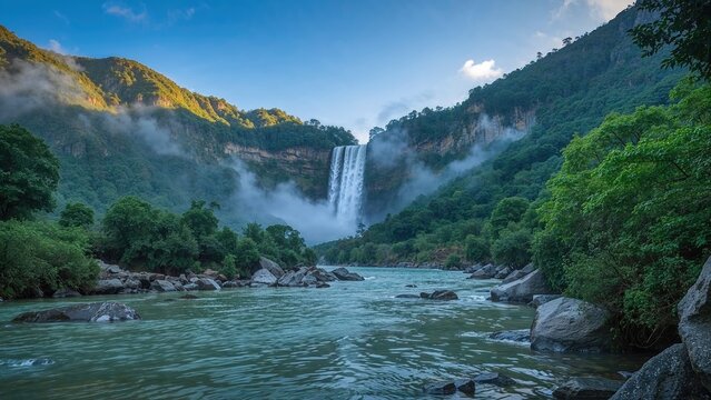 Picturesque Waterfall and Stream Landscape in a Natural Setting