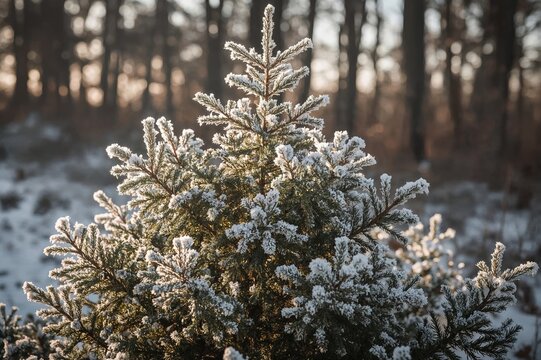 Thuja covered in early frost on a bright morning with bokeh effect