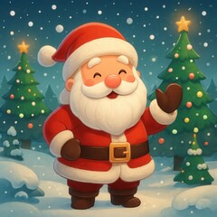 Whimsical Christmas Santa Claus Character in Winter Wonderland Snow Scene