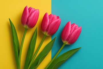 Fototapeta premium Three tulips displayed against a dual-color backdrop