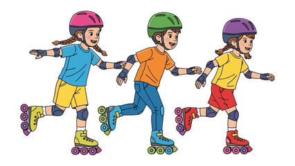 Speedy Rollers in Action: Three youthful roller skaters glide gracefully along a pathway, their bodies displaying a vibrant synergy of motion.