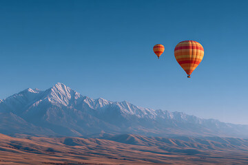 Naklejka premium Hot air balloons floating above desert valley with snowy mountain peaks in background