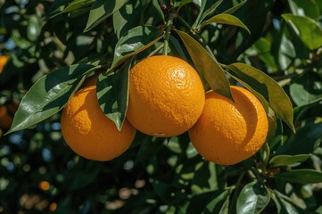 A trio of bright oranges dangles from a verdant branch, bathed in sunlight and ready for harvest.