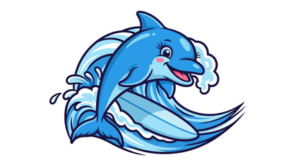Dolphin Surfing the Wave: A cartoonish dolphin elegantly surfs a cresting wave with a surfboard in a dynamic display of aquatic joy and freedom, embodying the spirit of play and nature.