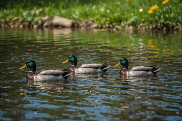 Obraz premium A trio of mallard ducks gliding through a park pond in spring