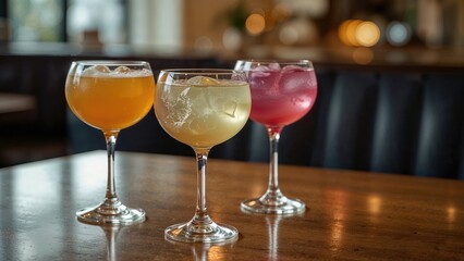 Set of three vivid drinks, featuring alcoholic and non-alcoholic varieties.