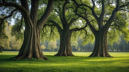 Fototapeta premium A trio of ancient giant trees associated with witches in a peaceful park