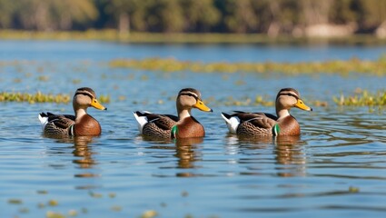 A trio of ducks swimming peacefully in the water