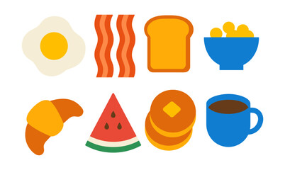 Colorful breakfast icons: eggs, bacon, toast, cereal, croissant, watermelon, pancakes, coffee