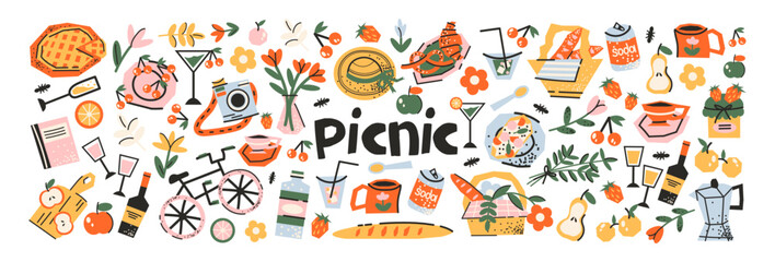 Picnic stickers in retro cartoon. Basket with food, cozy blanket, fruits, sandwiches, tableware, drinks — cheerful summer picnic elements in funky doodle trendy  illustration.