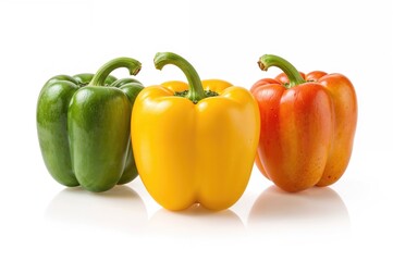 Three colored bell peppers on a plain white backdrop