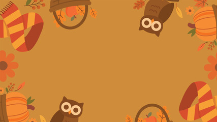 Autumn background with owl pumpkin leaves hat and seasonal fall decorations