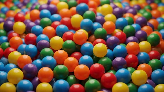 A vibrant sea of colorful gumballs in a ball pit, with more candies gently falling in from above, a perfect playful and fun video for children's content and event promos