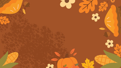 Autumn harvest background with corn pie pumpkin and colorful seasonal leaves