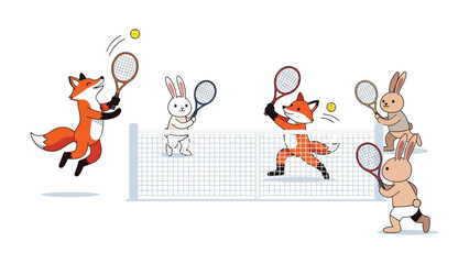 Tennis Match of The Foxes and Rabbits: Vibrant illustration capturing a friendly tennis match, where foxes and rabbits playfully rally with racquets and balls.