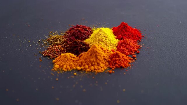 Colorful spice powders pile on dark background with cooking ingredients.