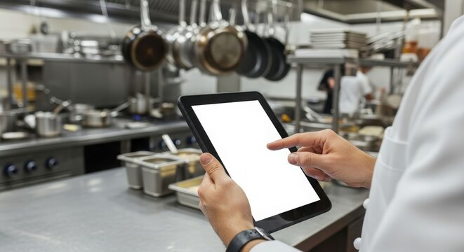 A chef in a commercial kitchen interacts with a tablet, with stainless steel surfaces and hanging pots visible in the background.